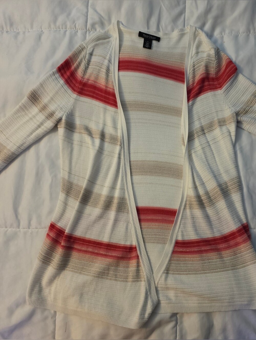 White House Black Market White Open-Front Cardigan with Red and Tan Stripes